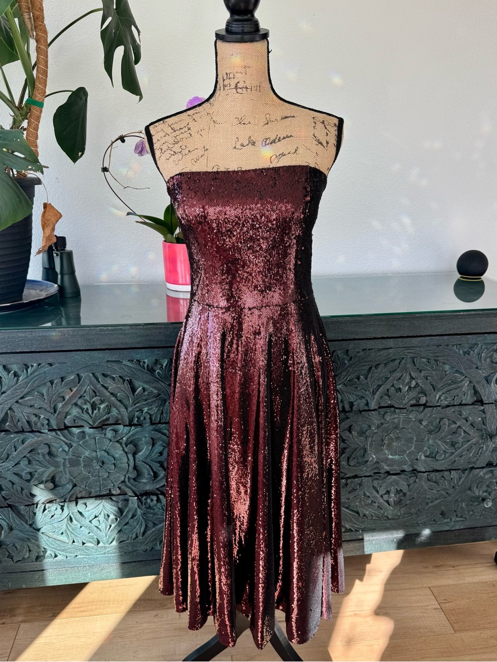 Dress the Population Strapless Sequin Gown in Burgundy